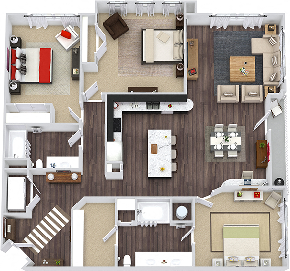 Floor plan for 3 beds, 2 baths, 1631 sqft